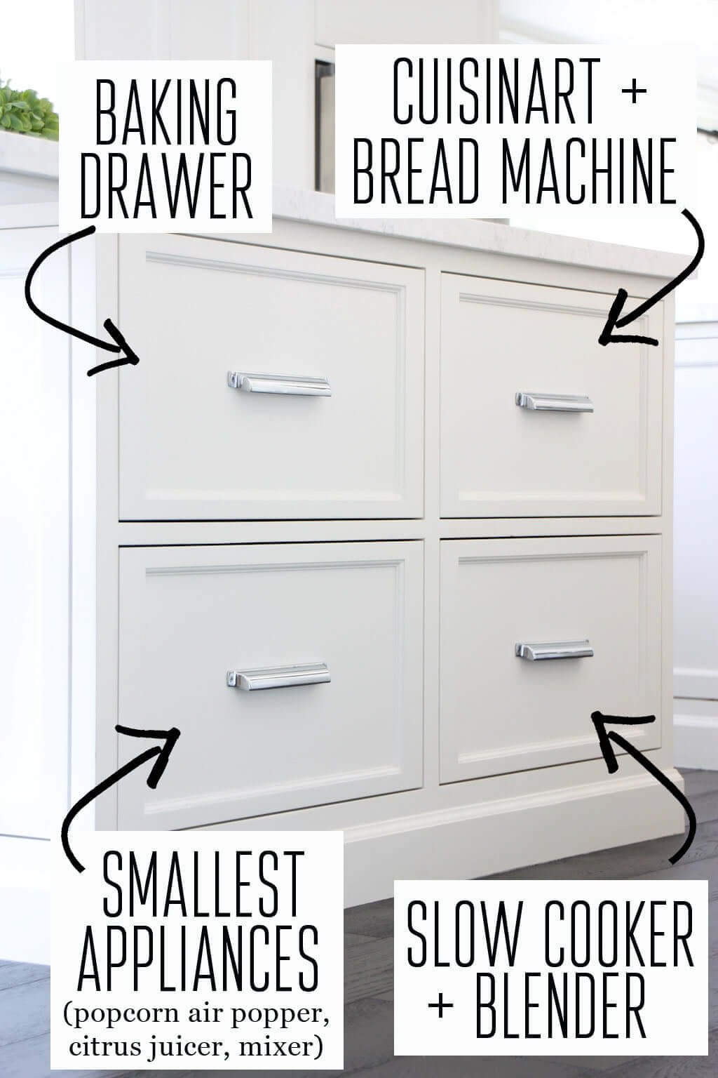 kitchen drawers with labels pointing to items inside like appliances and slow cooker