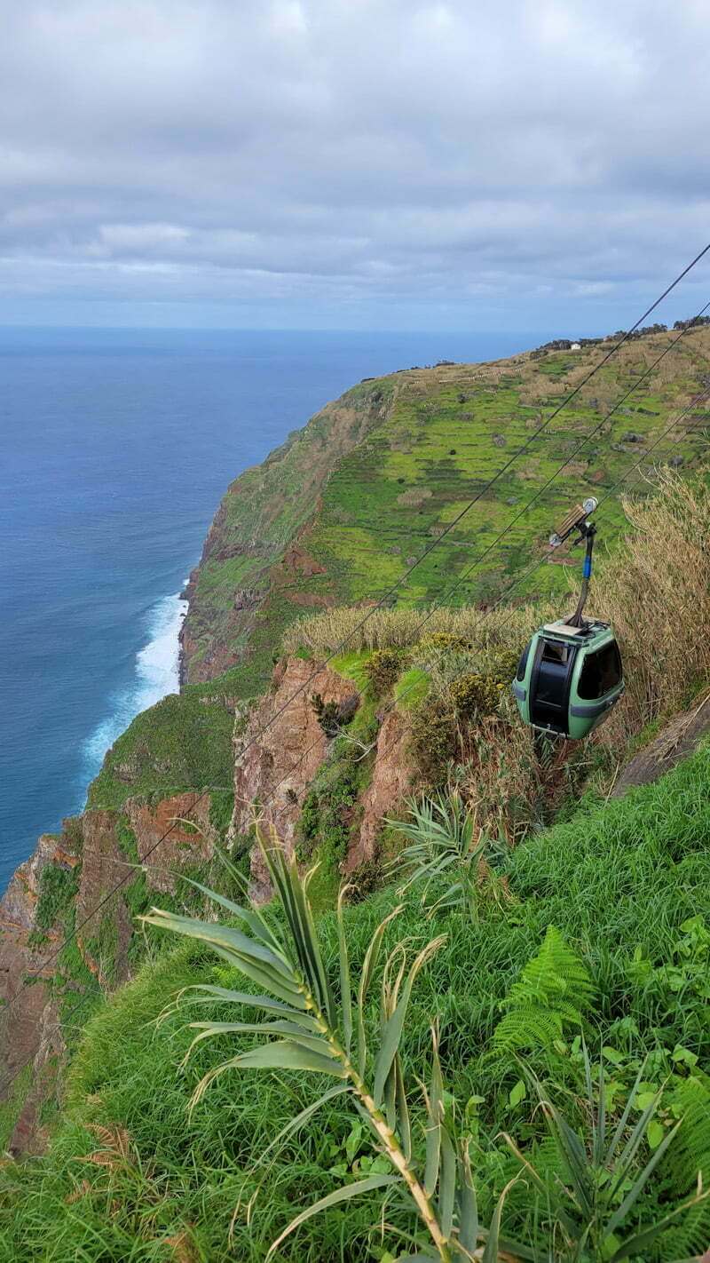 cable car going down steep hillside in Madeira, Portugal