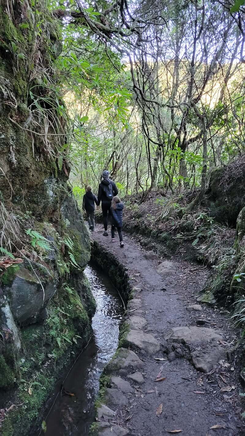 mother and daughters hiking levada in Madeira, Portugal
