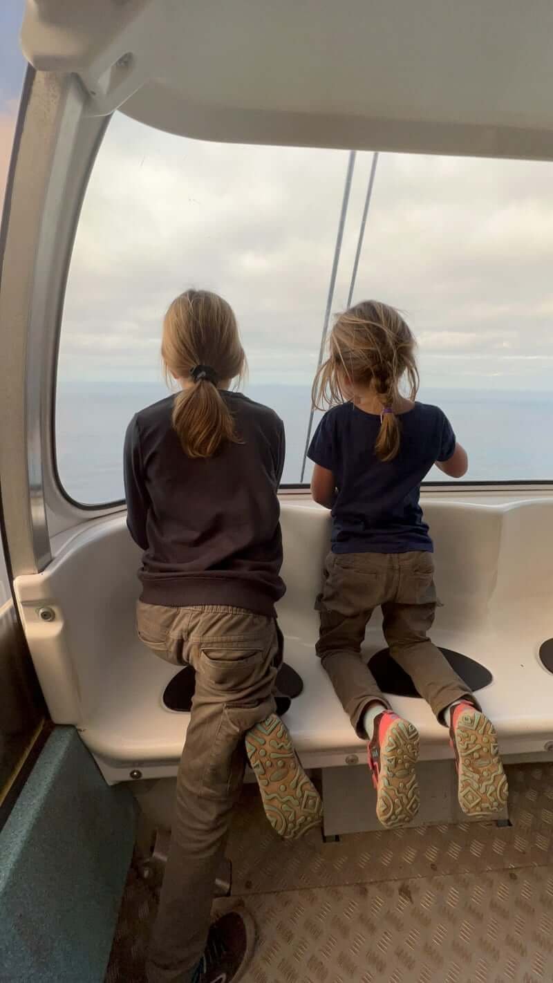 two girls looking out cable car window in Madeira, Portugal