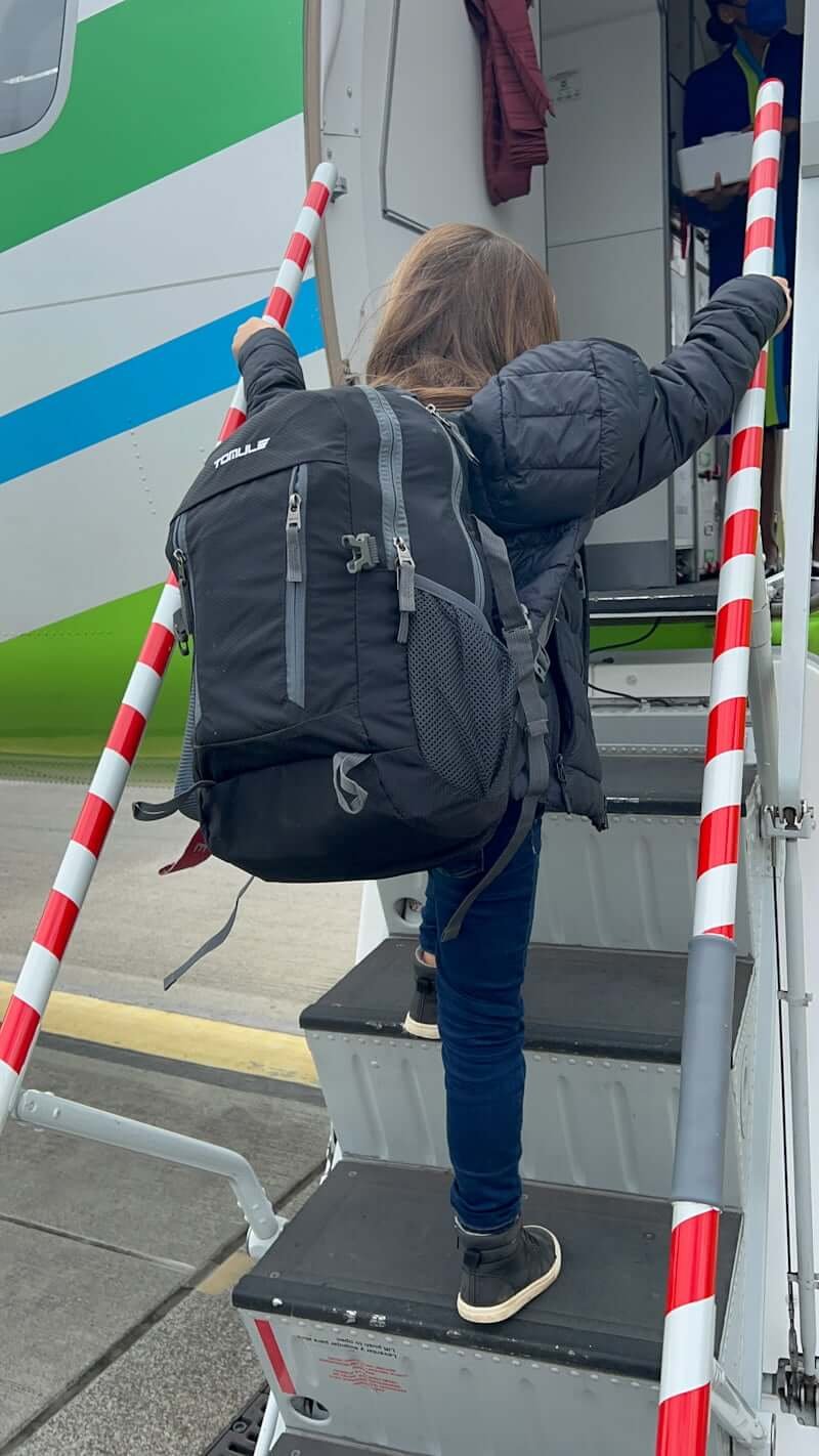 girl climbing up stairs to airplane