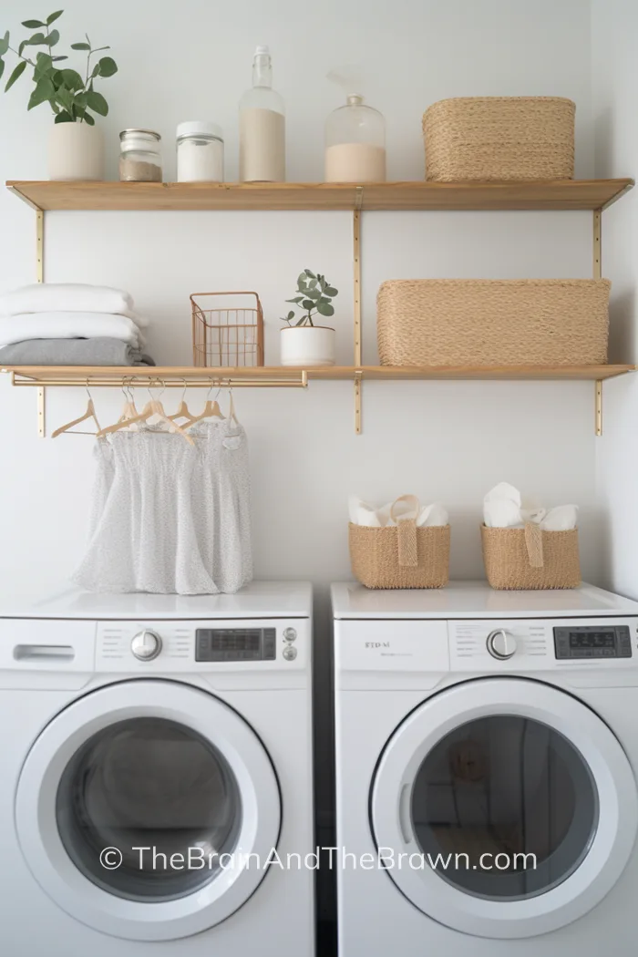 laundry room shelving above washer and dryer with wood and brass adjustable shelves