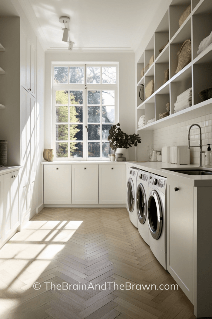 a large laundry room with open shelving about three washers and dryers tripled, with laundry storage and pull out drawers, wood floors, white and bright