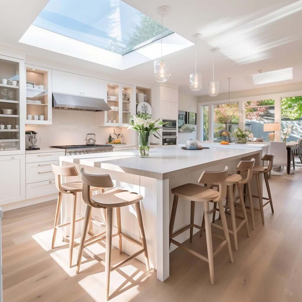 large kitchen island with tall bar stools, wood, with white and cream kitchen island and cream quartz countertops