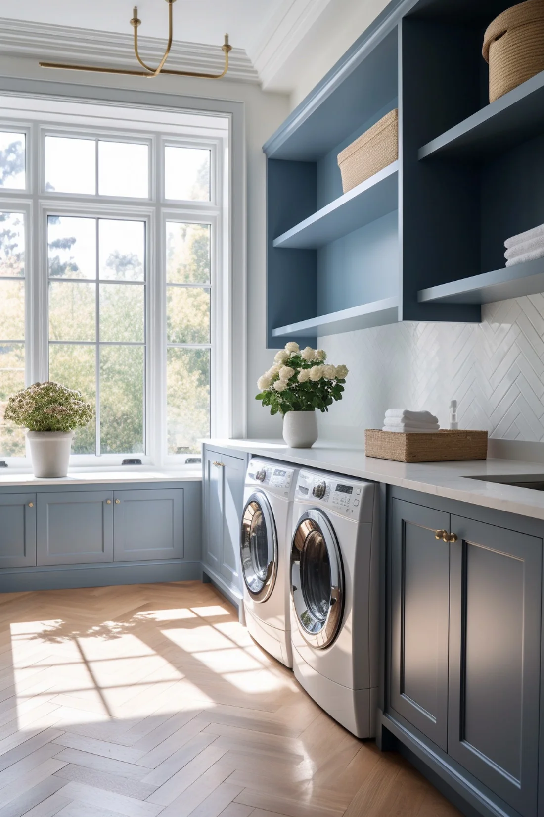 blue laundry room shelves and cabinets with white herringbone tile and wood floors