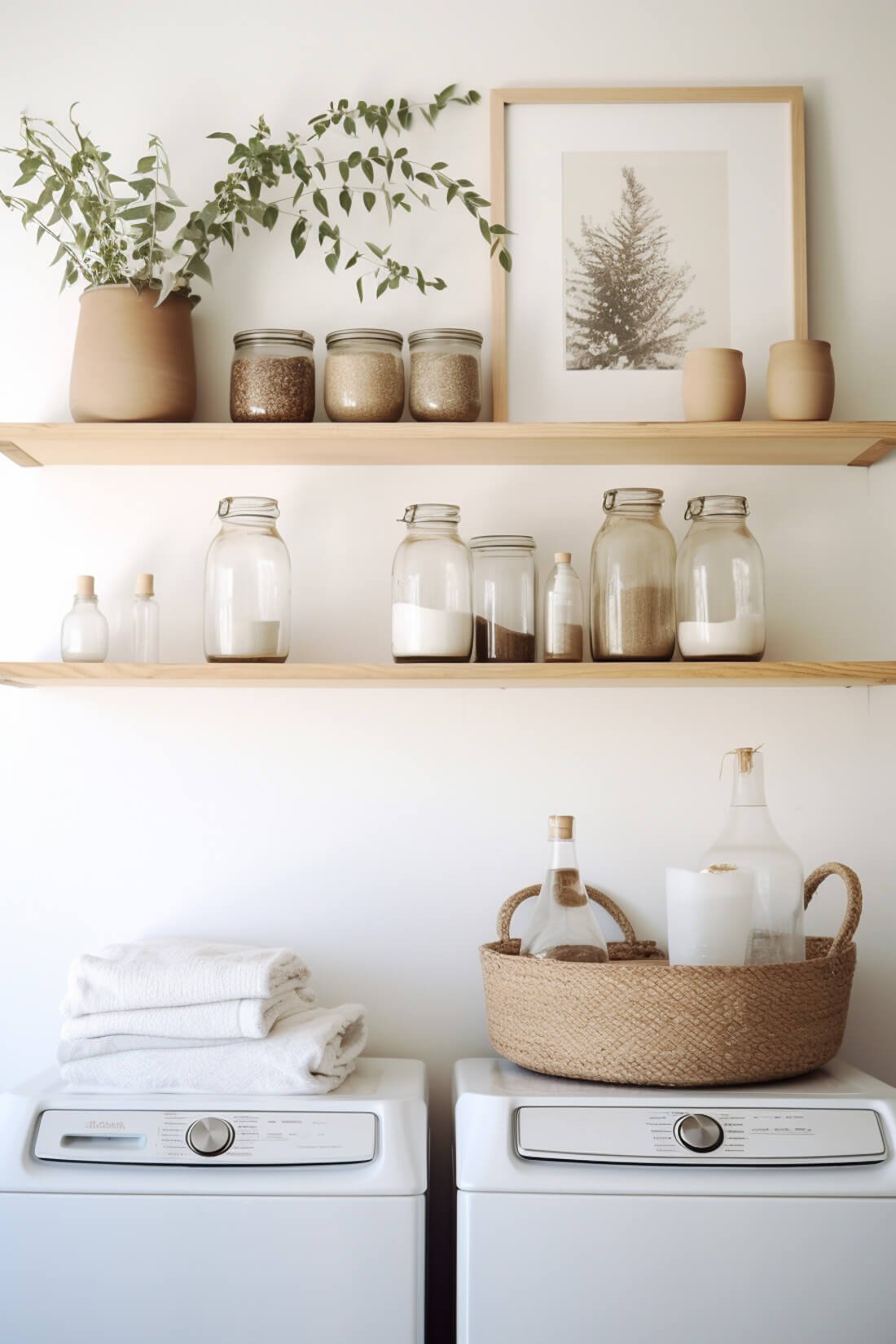 A basement laundry room ideas with a large woven basket sitting on top of a dryer. Floating shelves hang above the washer and dryer and hold laundry room decor of wall art, canisters, and a plant.