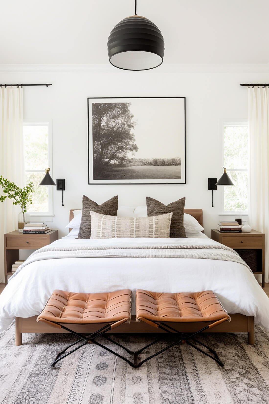 modern bedroom with large area rug under king bed and two leather ottomans at end of bed, wooden side tables and black lighting