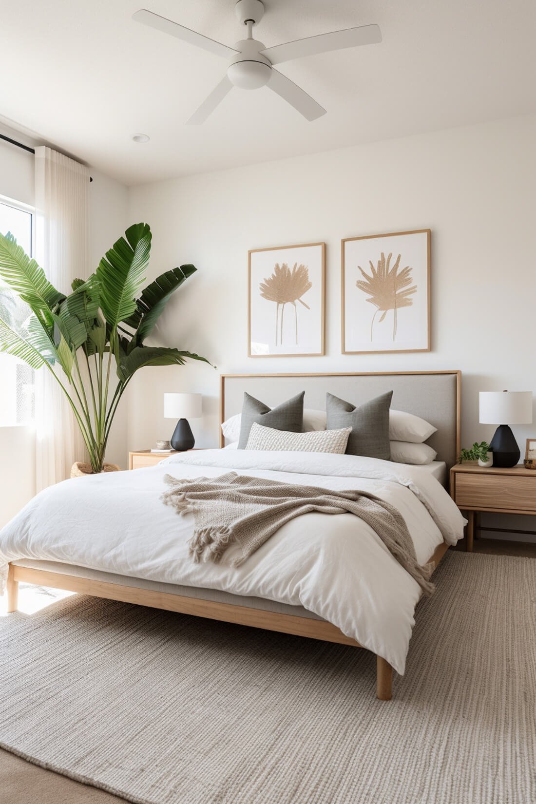 bedroom with 9x12 area rug under king bed and tropical leaf decor with wood nightstands