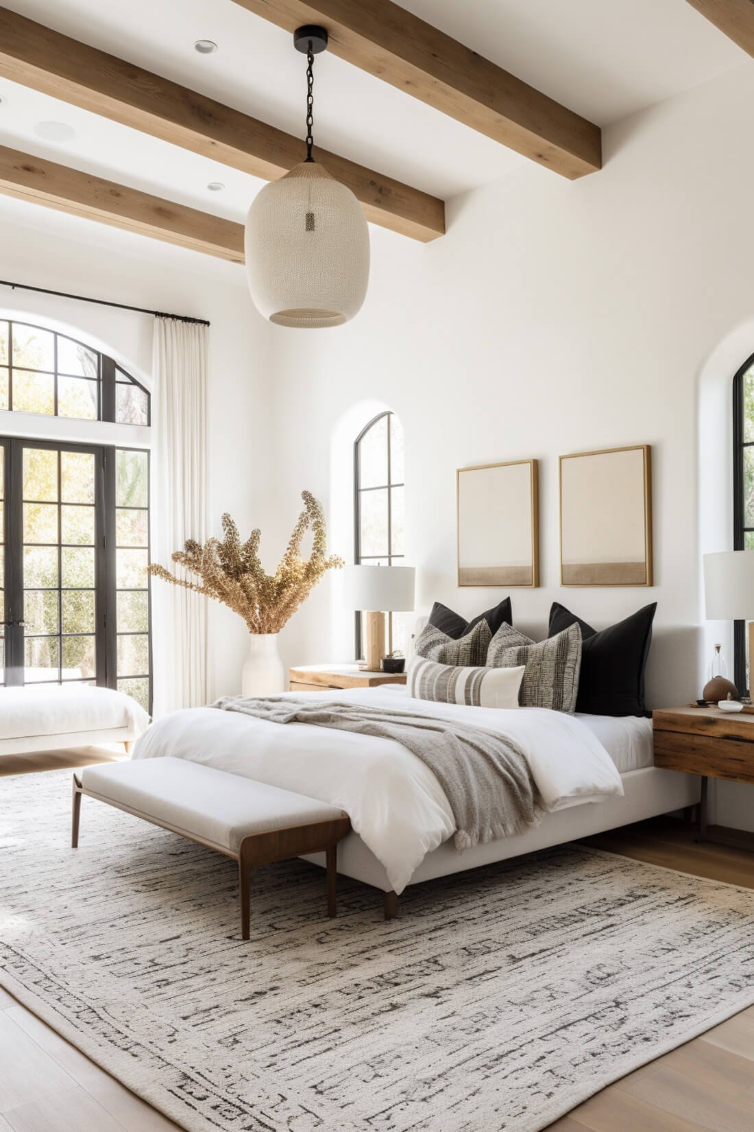 Guest bedroom design. Upholstered bed with wooden nightstands in a painted white room. Large black windows and wooden beams on the ceiling