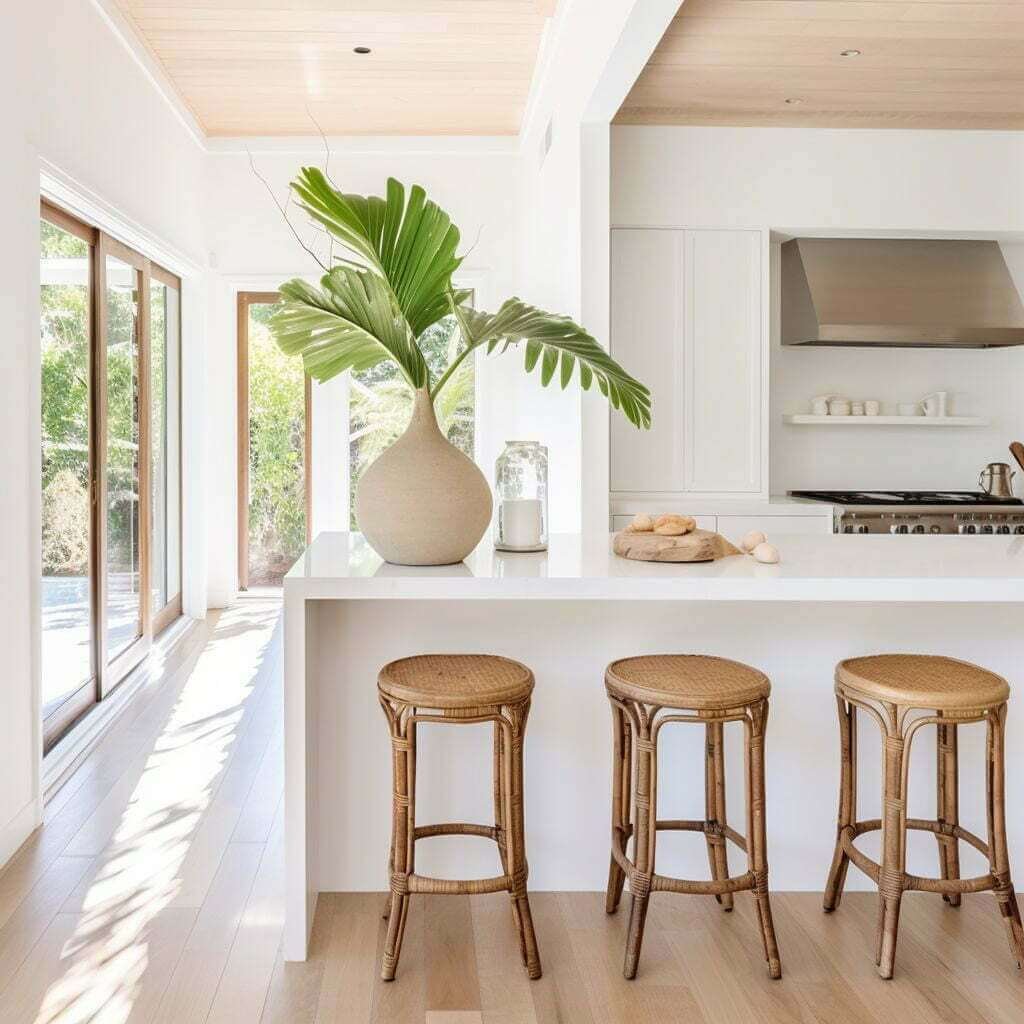 extra-long dimensions white kitchen island with woven counter-height bar stools and large plant in vase