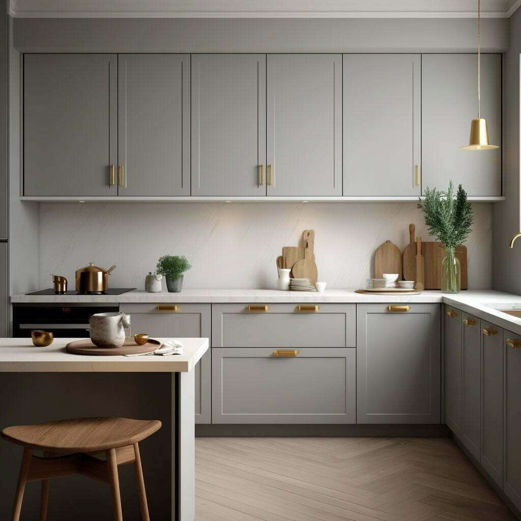 kitchen island at different height than normal kitchen counters, brass hardware, herringbone wood floors
