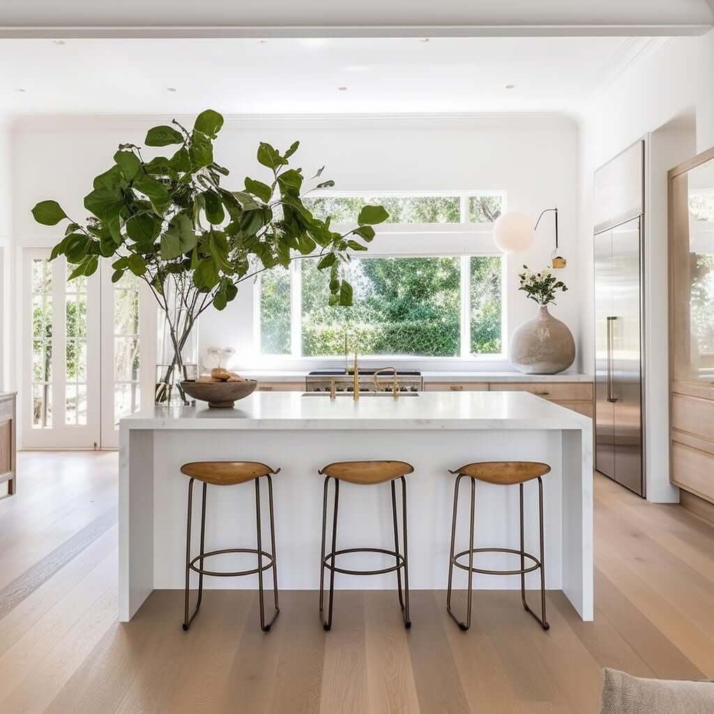 white kitchen island height standard with wooden counter stools, waterfall edge countertop, big green plant in vase, windows looking outside