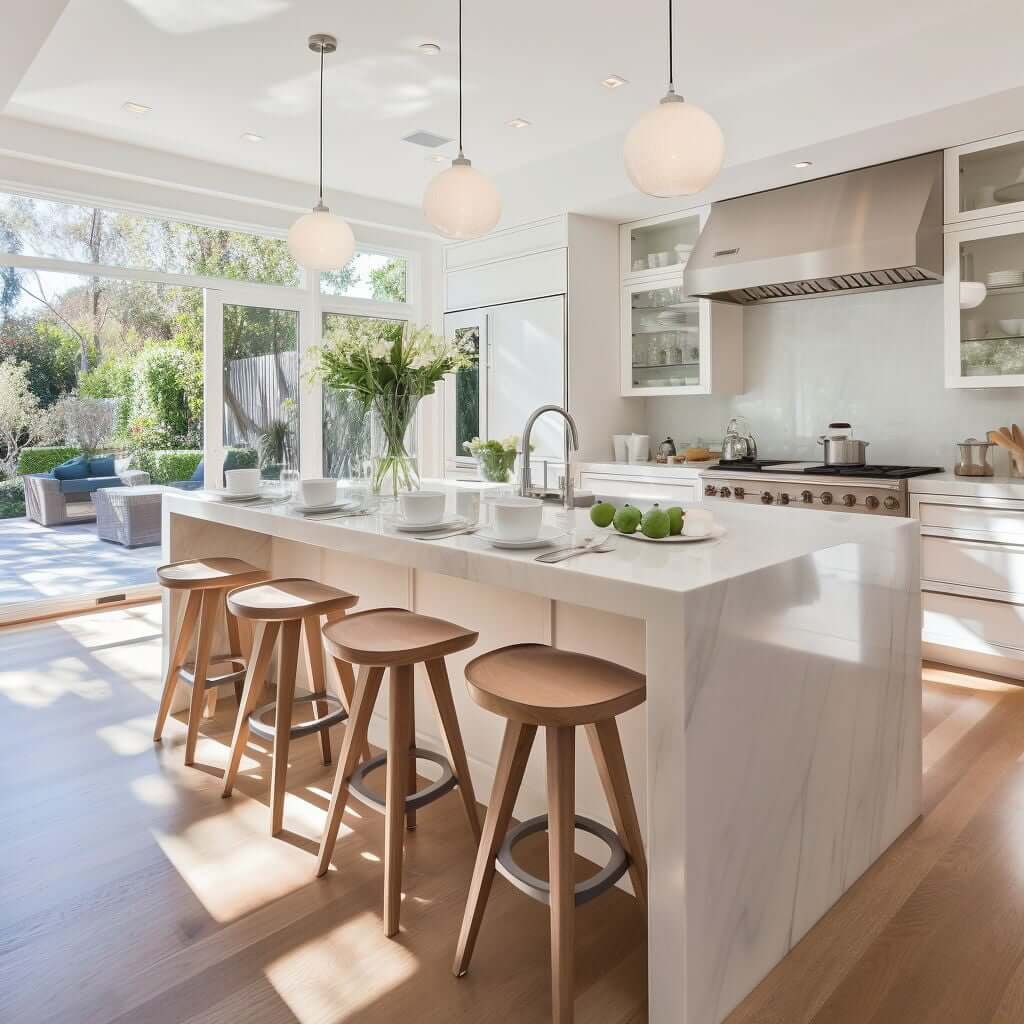 tall kitchen island with waterfall edge and four bar stools swiveling and sliding doors to backyard, sink in kitchen island