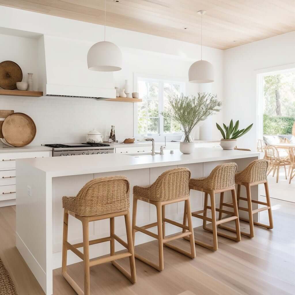 standard kitchen island height with woven counter stool chairs, white pendants, white waterfall countertops, white walls, white cabinets and drawers