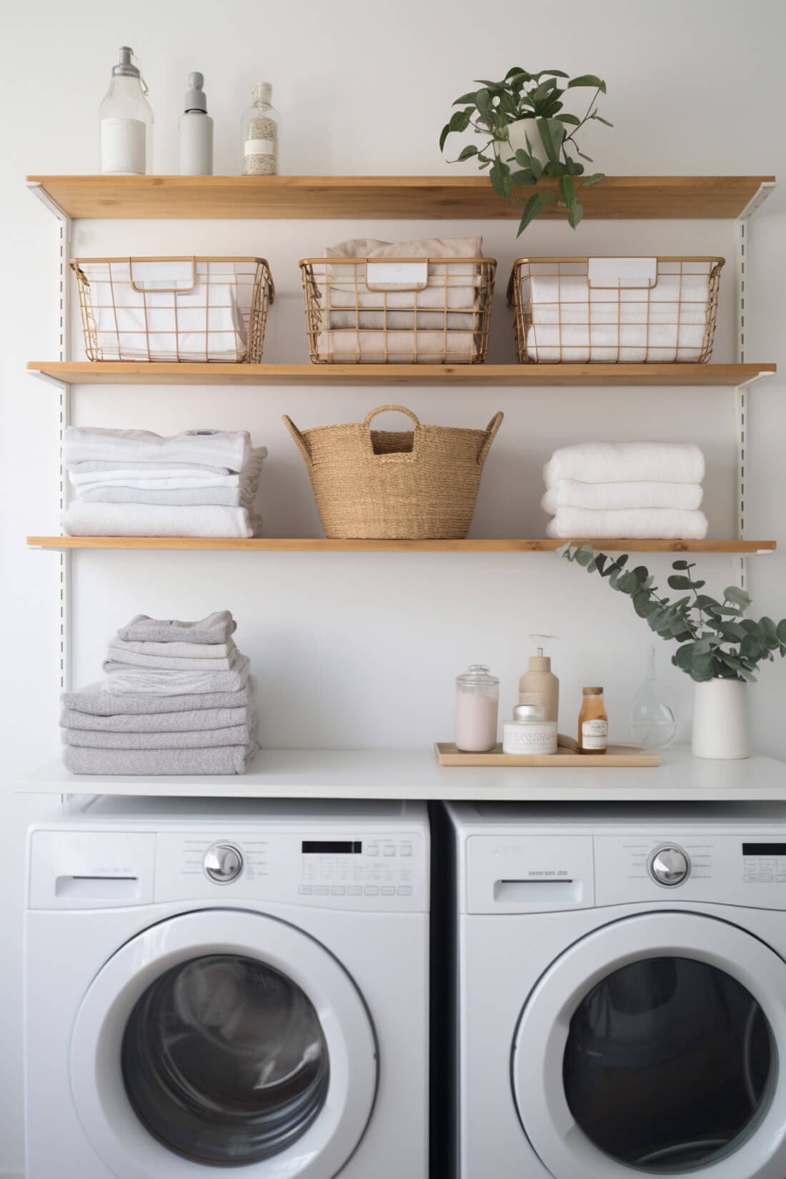 wire and wood laundry basket shelf ideas with metal baskets and towels, adjustable wire shelves