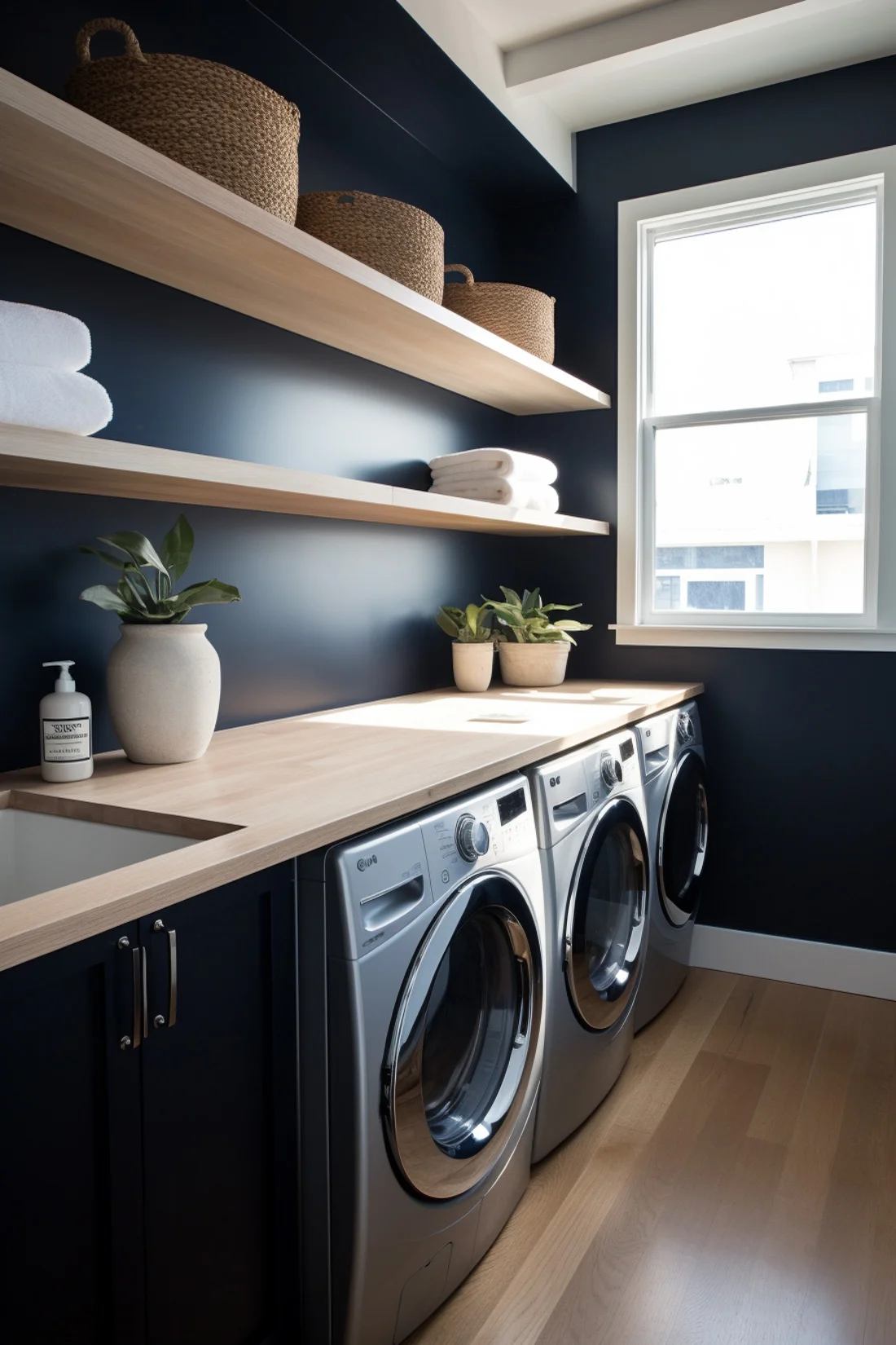 simple wood floating laundry room shelves above wood counter shelf above washer and dryers
