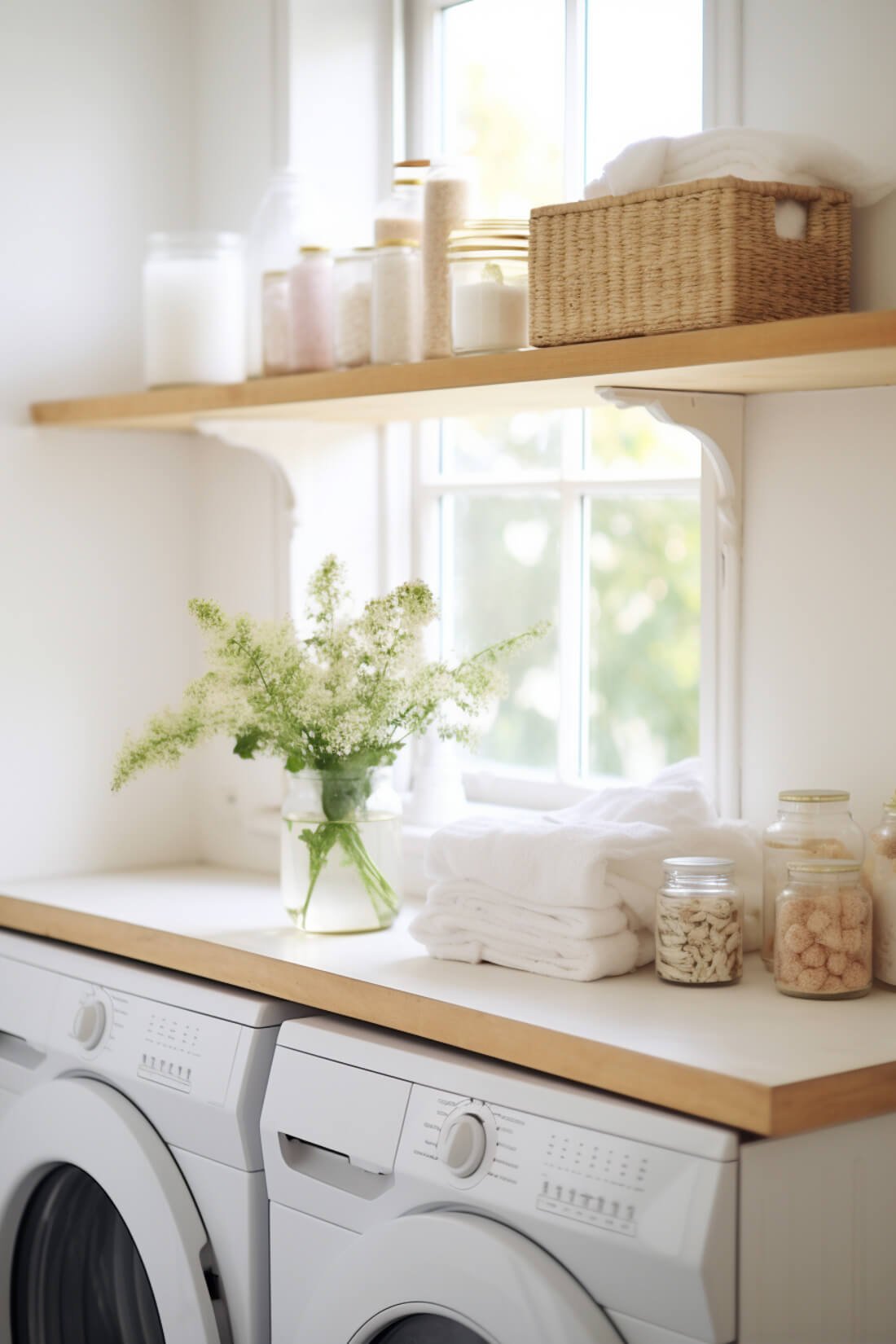 wood laundry room shelf mounted over window above a wood shelf installed above the washer and dryer