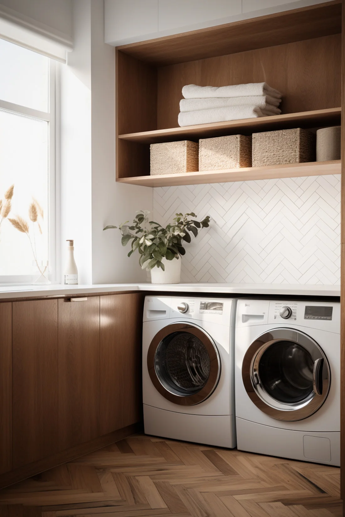 white and wood laundry room, modern and sleek with washer and dryer, white tile backsplash in herringbone pattern, and open wood shelves above with towels and laundry baskets