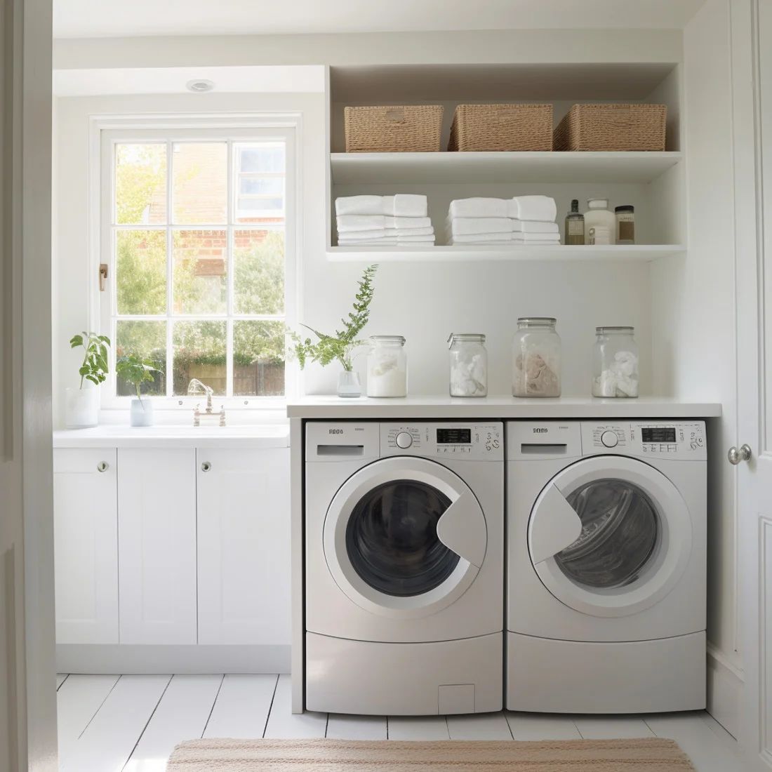 white laundry room with open shelving ideas, laundry baskets, towels, and glass jar organizers above washer and dryer