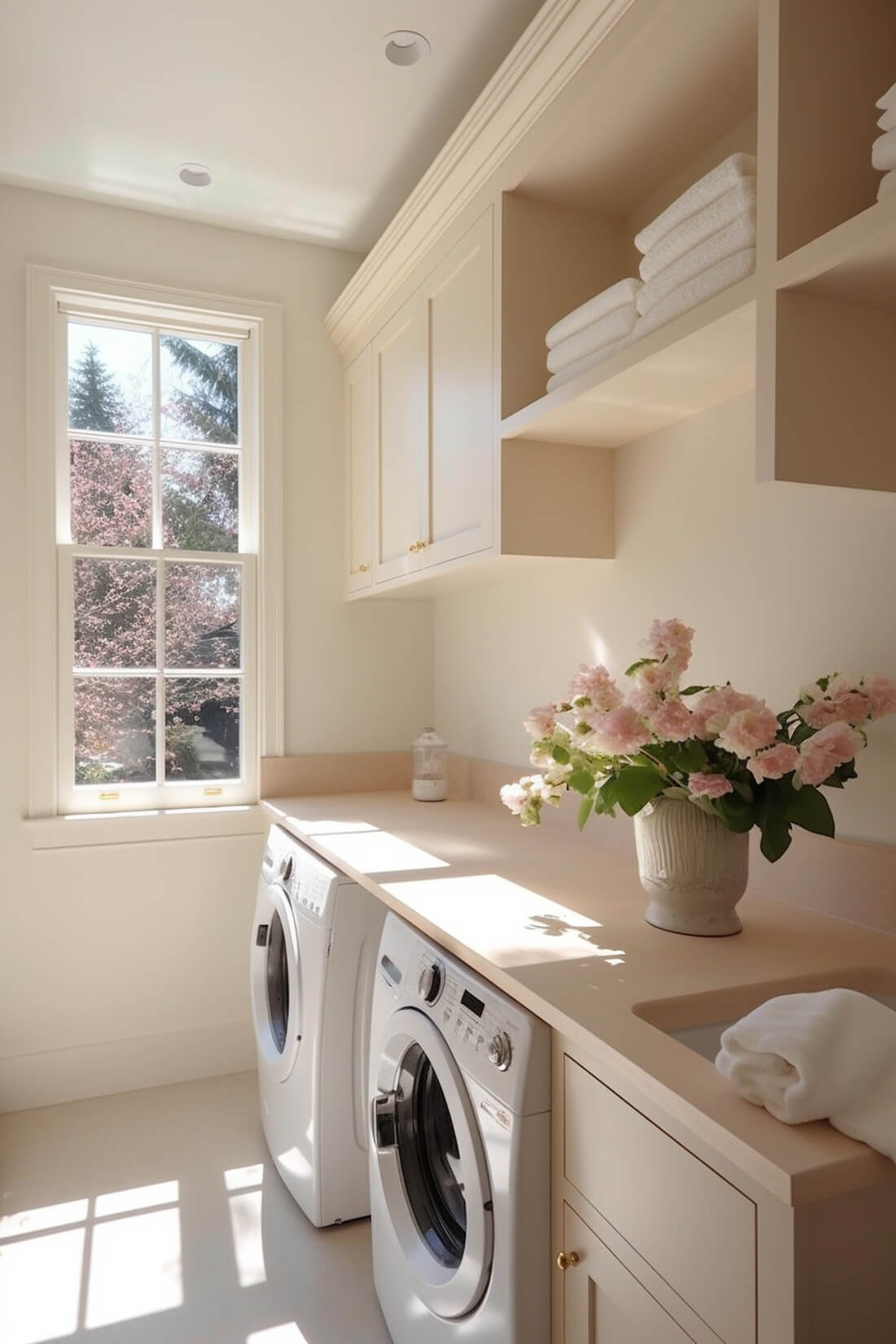 cream and pink laundry room with cabinets and open shelf with towels above, and space for a hanging rod