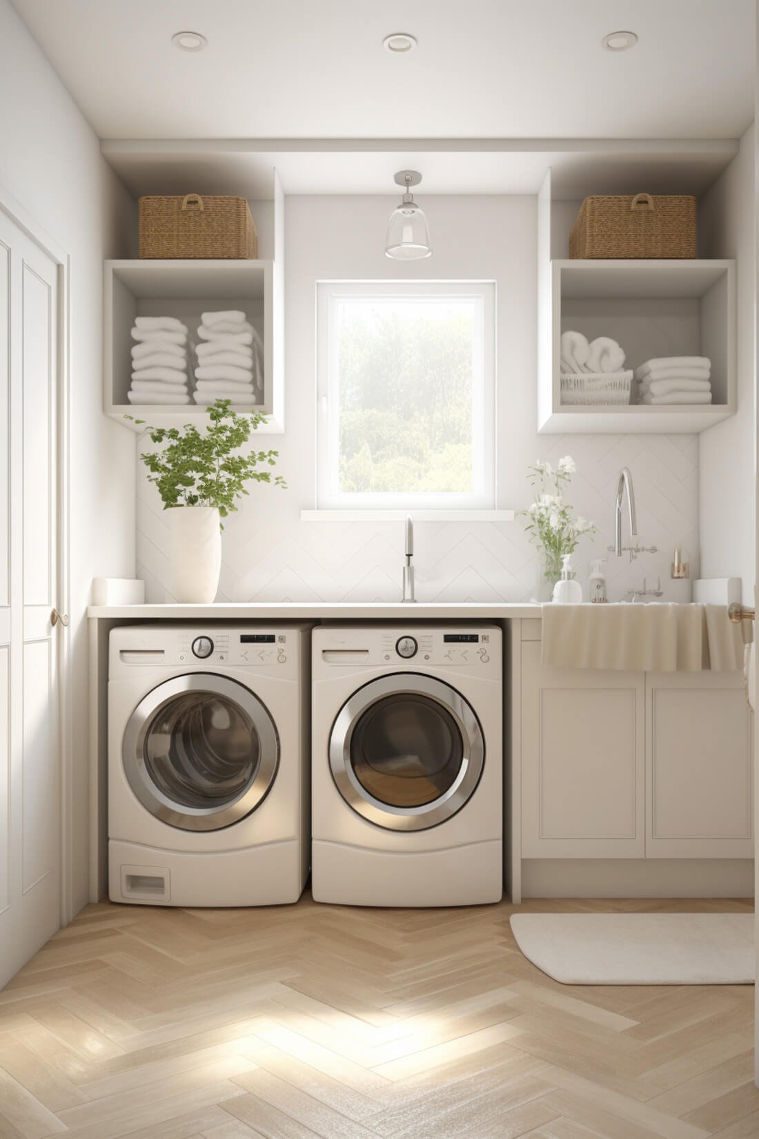 white laundry room with white herringbone backsplash tile and cube shelf to each side of a window, and a sink with wall faucet