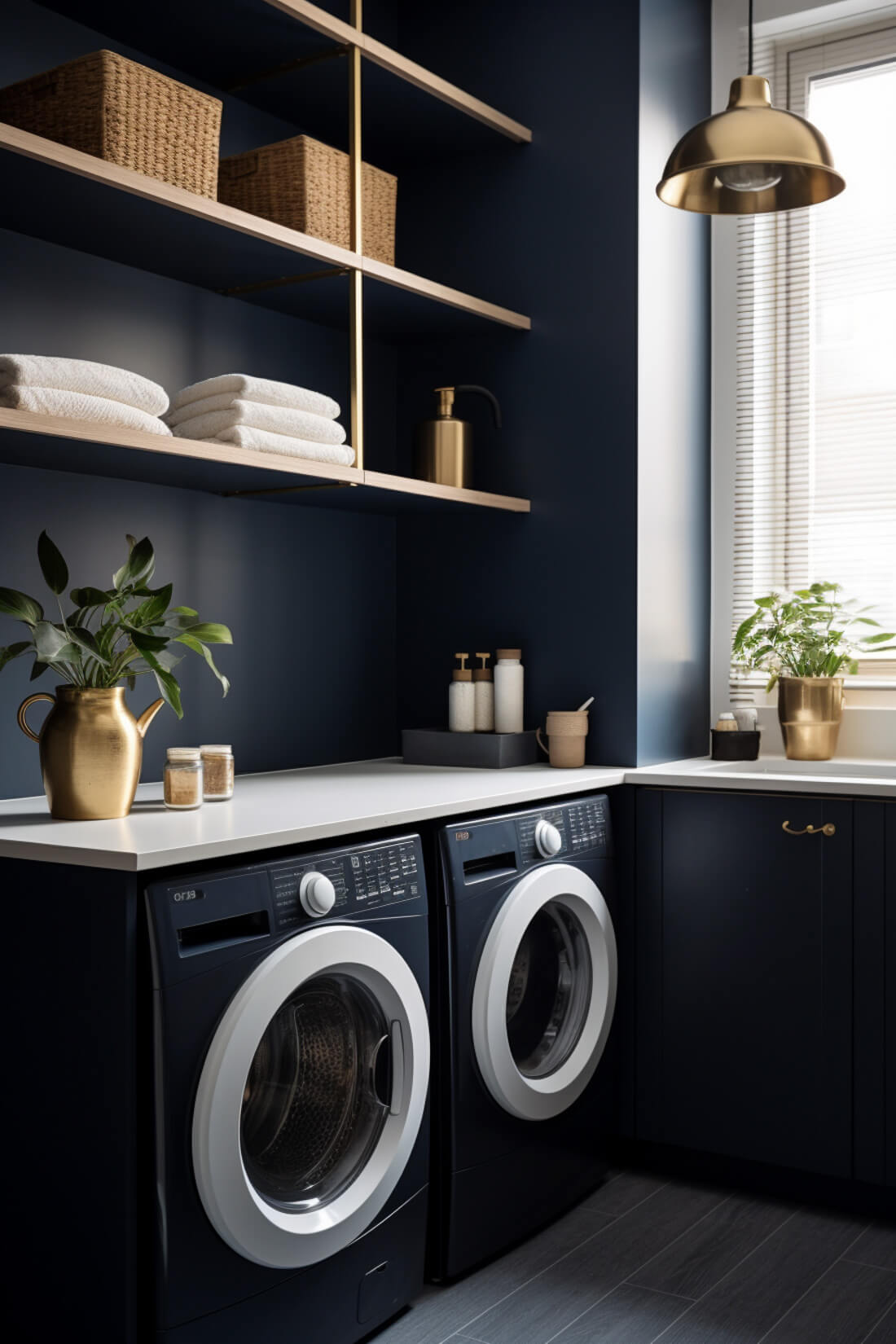 navy or dark blue laundry room with wood and metal laundry room shelf