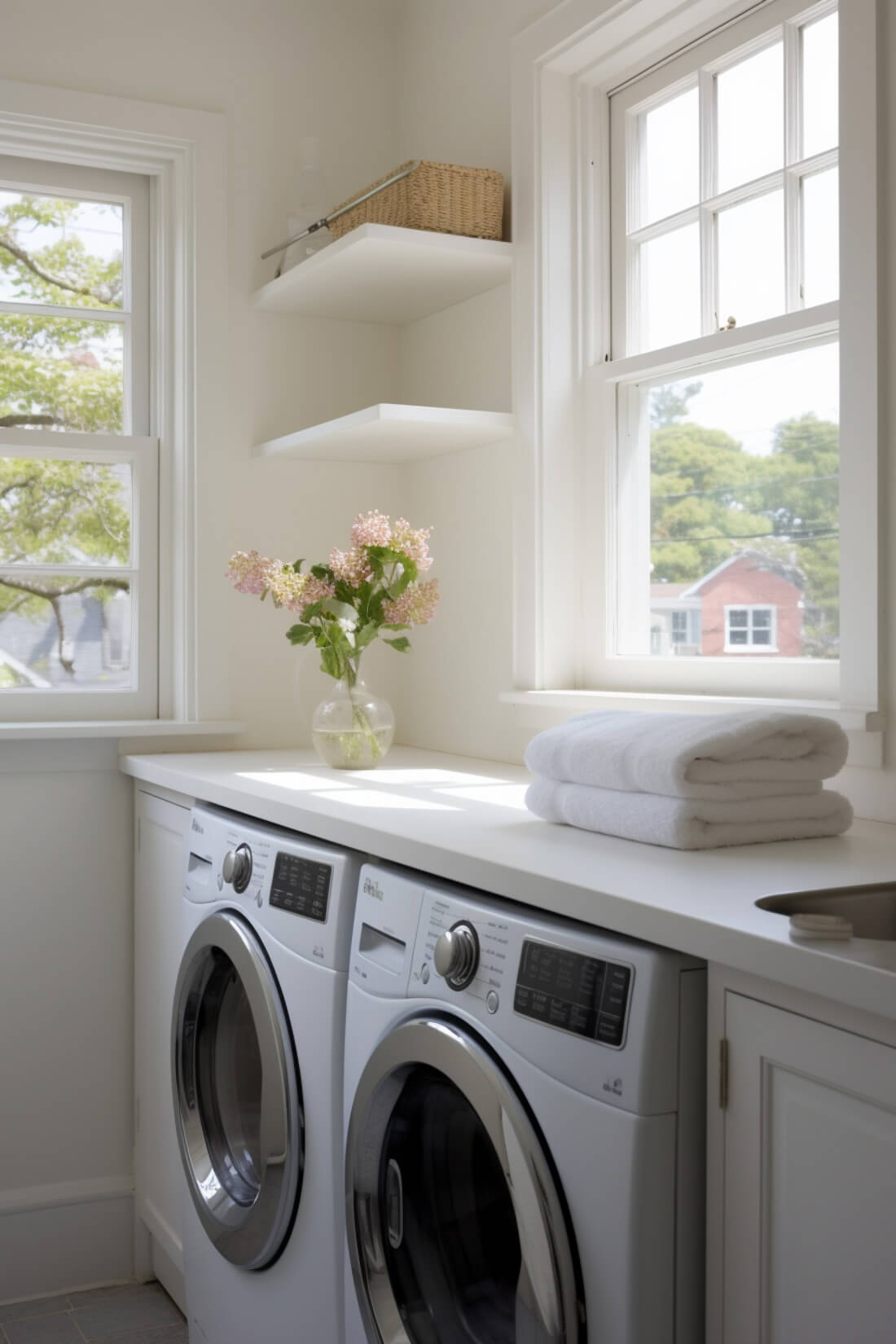 simple white shelves in corner of laundry room above white washer and dryer and white countertop