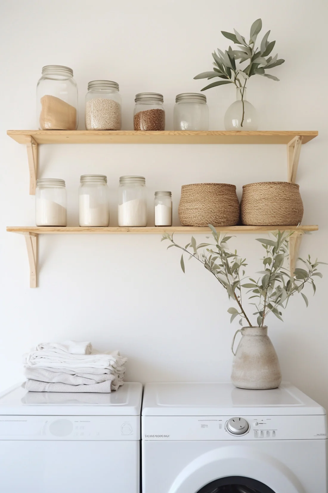 wood laundry shelf with wood supports, with baskets and glass jar organizers