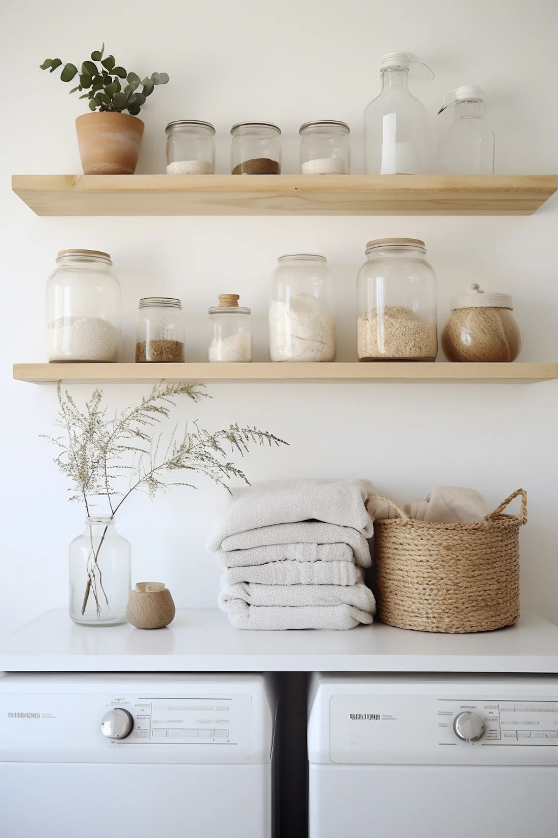 floating wood laundry room shelf for laundry room with glass jars and towels