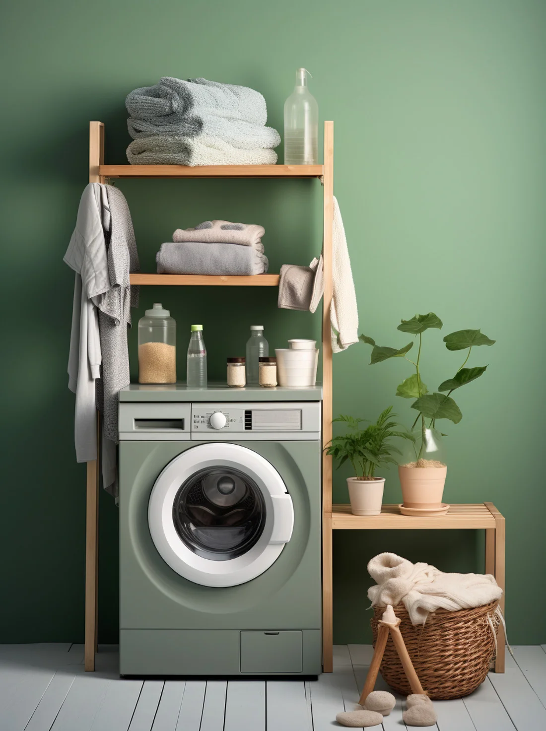 freestanding wood shelving unit over washing machine, green wall and green washer