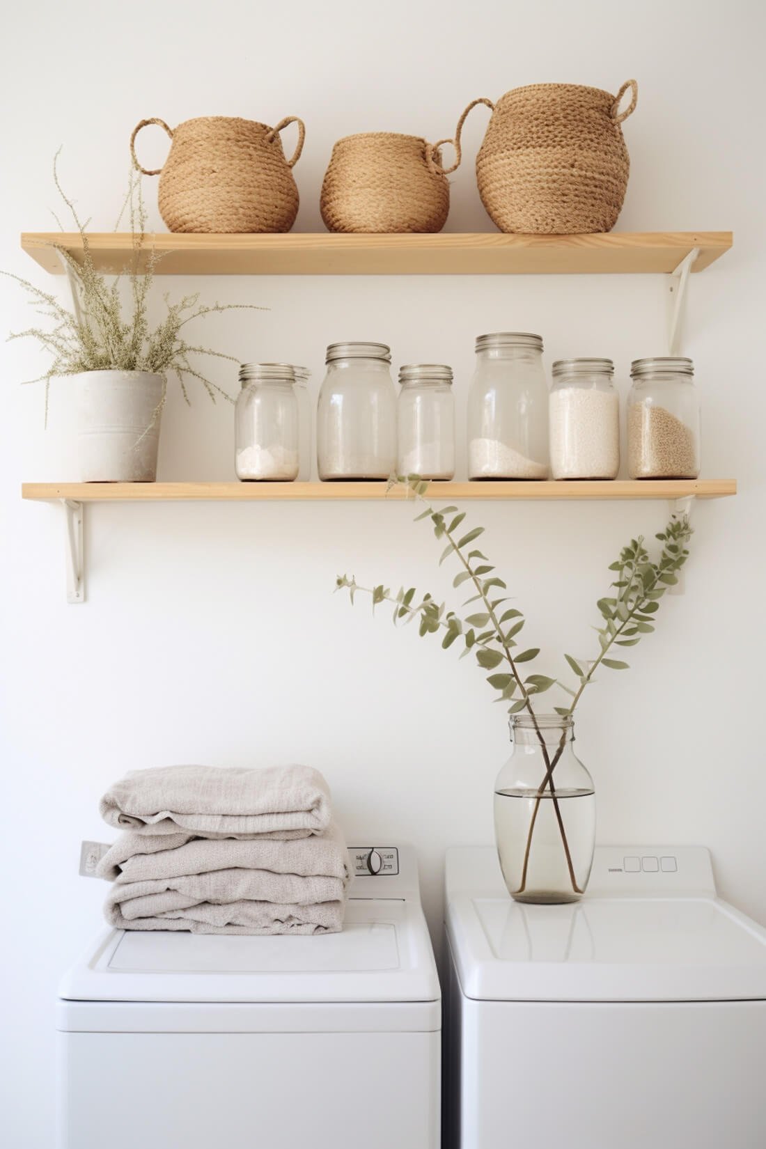 two over the washer shelf ideas, wood with metal brackets, baskets and mason jars holding detergent and laundry supplies