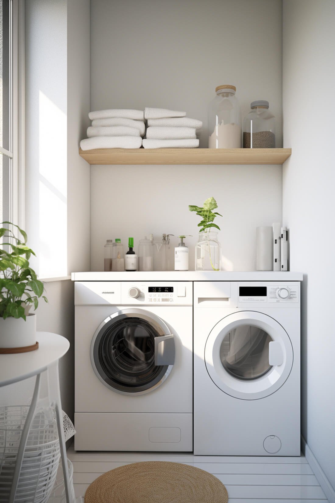 wood laundry room shelf above washer and dryer with towels in white room