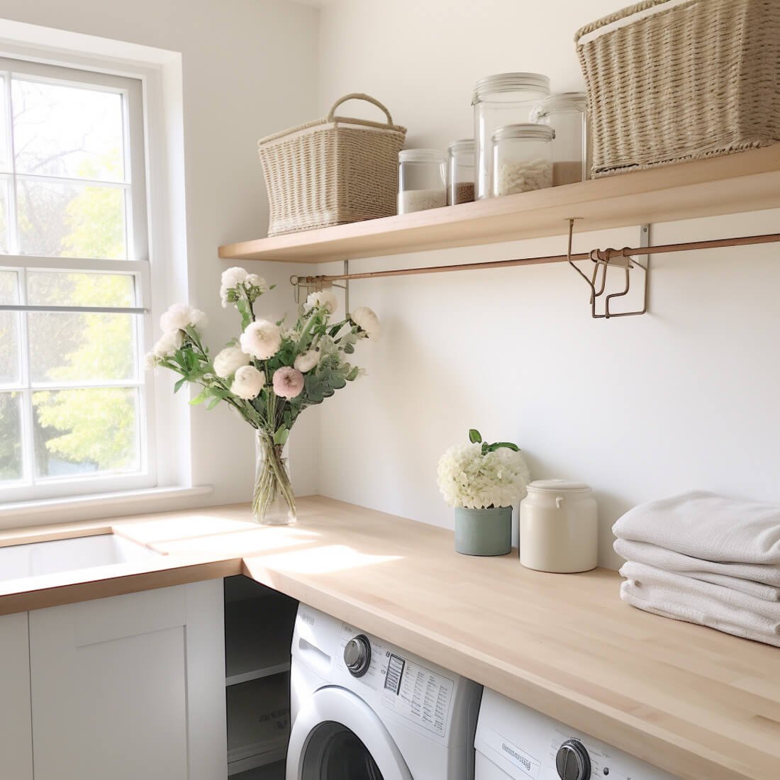 laundry room shelf with hanging rod, wood butcher block countertop over washer