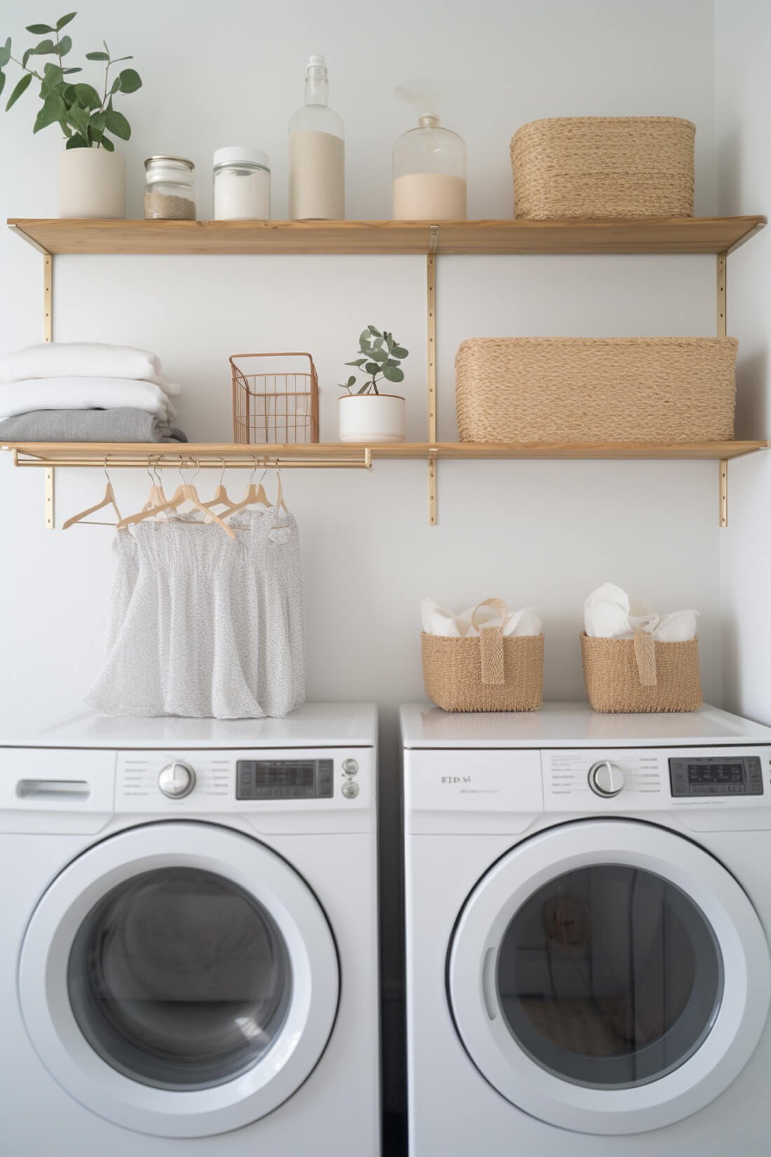 laundry room shelf with hanging rod, wood and gold metal 