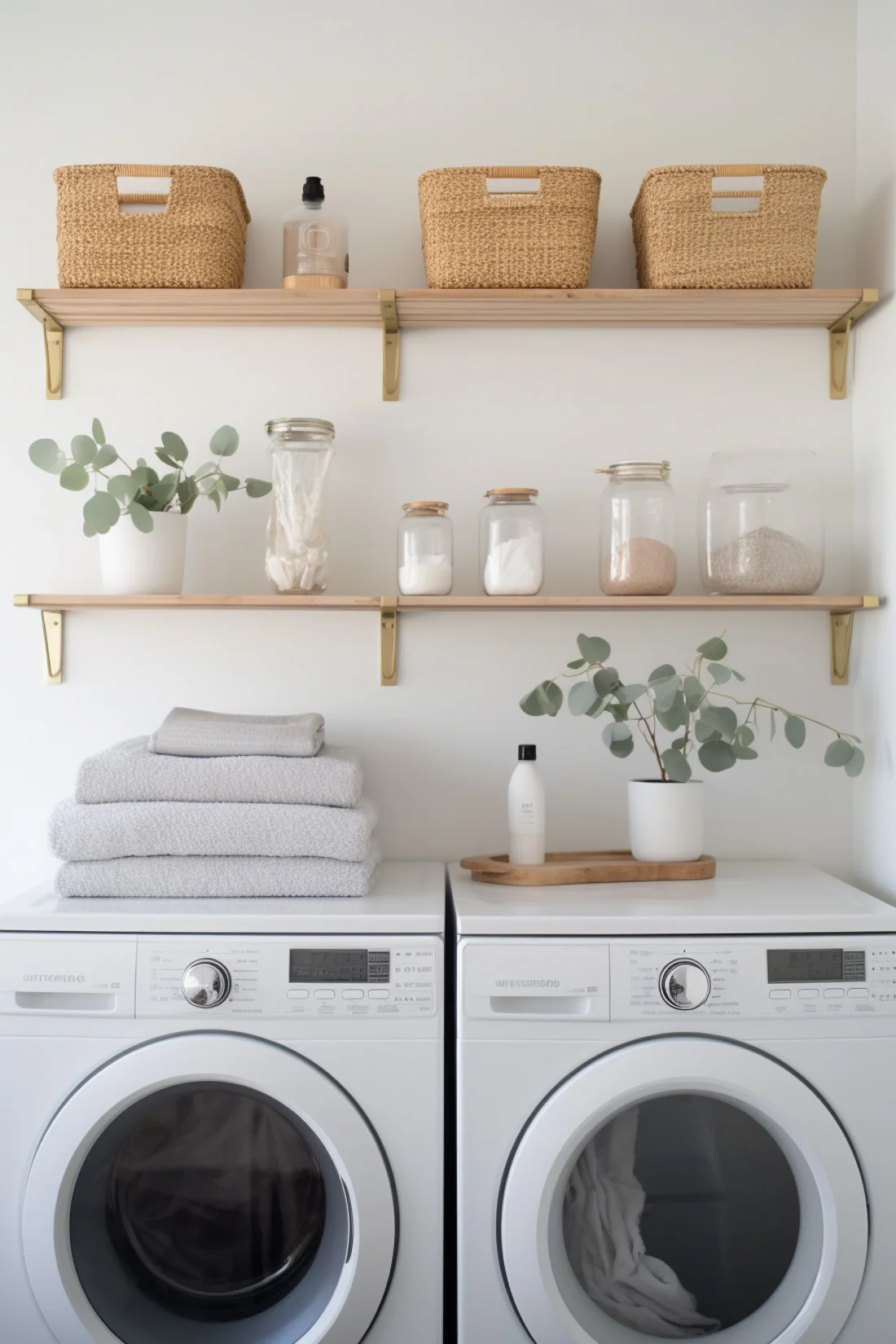 two wood and metal shelf ideas above a washer and dryer, with baskets, glass jars and towels