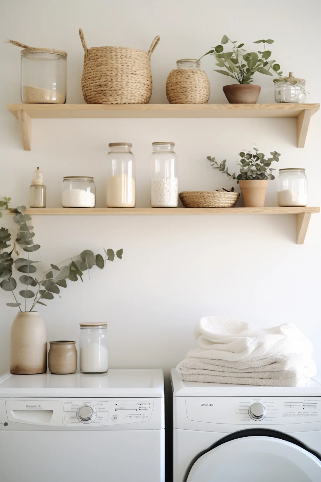 laundry room shelf with baskets and supplies in jars