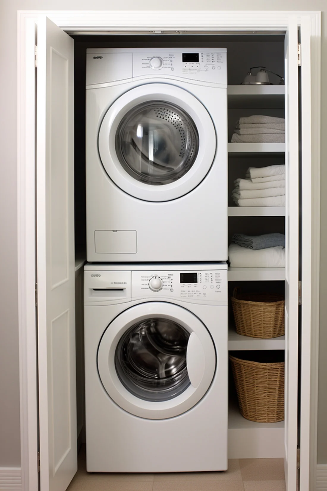 stacked washer and dryer in closet with vertical side shelves, white