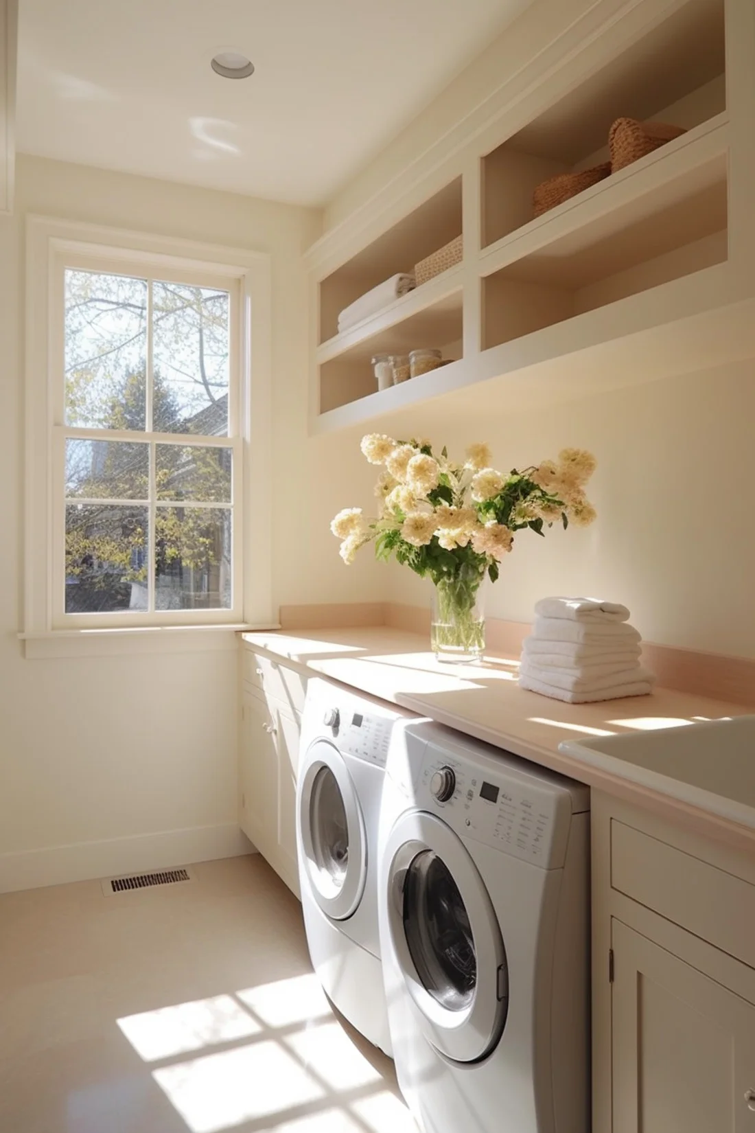 open shelving above washer and dryer in cream and pink laundry room