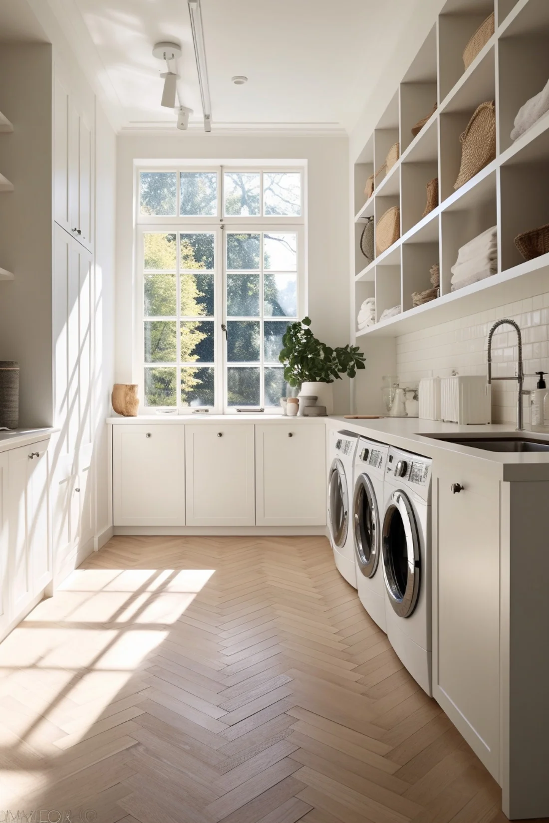 white laundry room with herringbone wood floors, double washer and dryer with open shelving ideas full of baskets and towels, with window