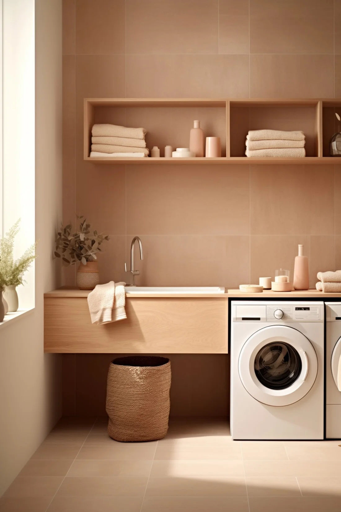 natural wood and beige colored laundry room with open cube shelving above sink and washer dryer