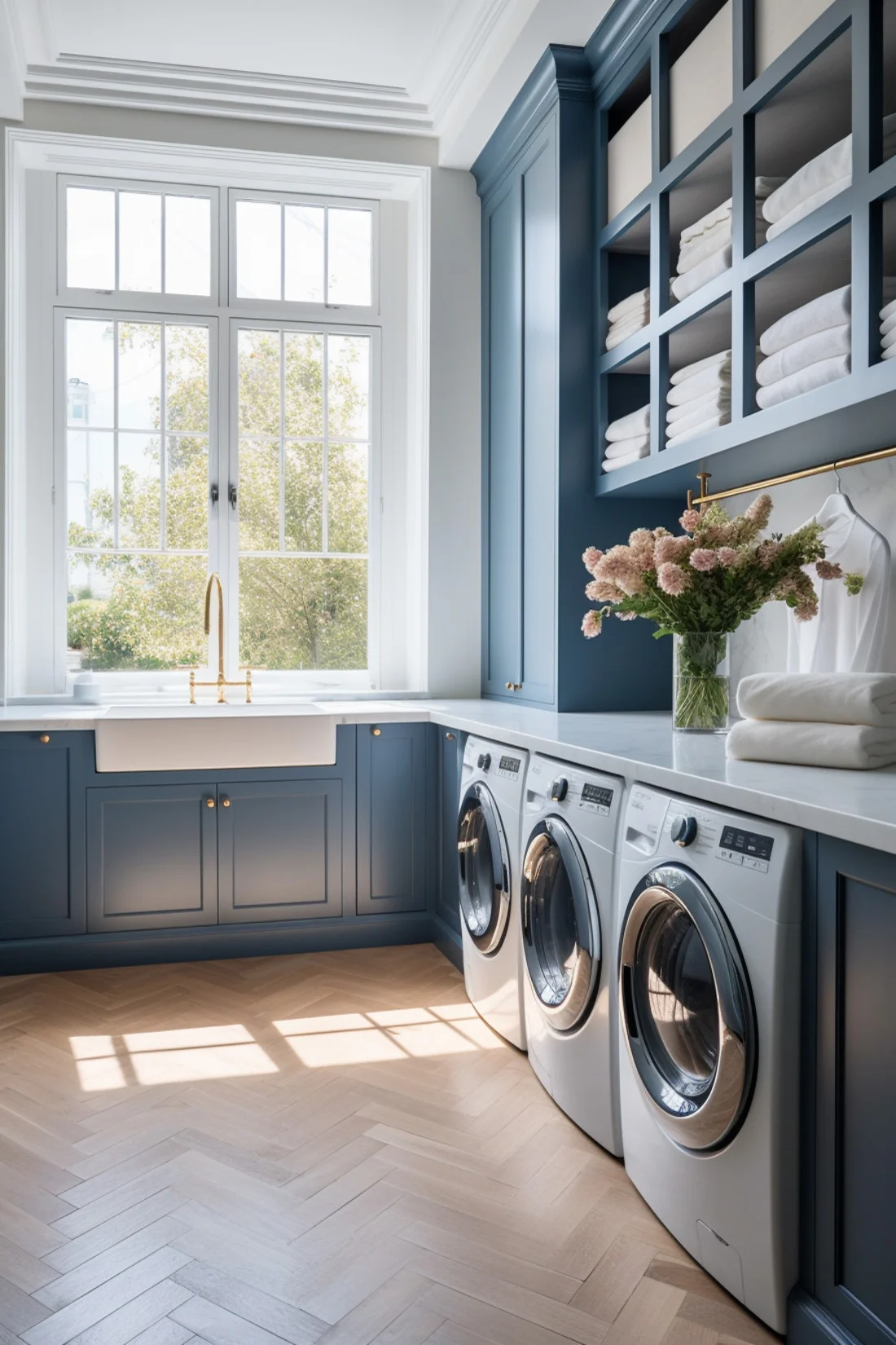 blue and white laundry room with open shelving above washer dryer with hanging rod made of metal, towels and bronze accents, farmhouse sink and window