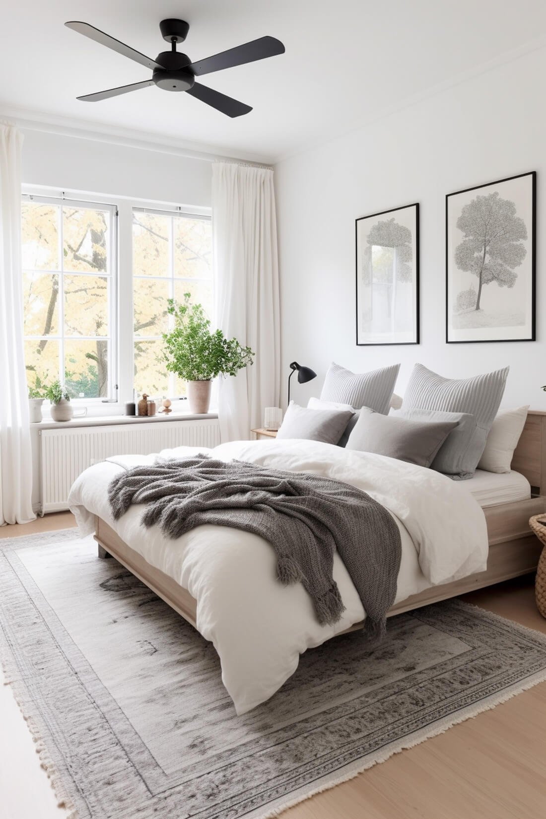 cozy layered bed in whites and greys with king bed rug size 8x10 underneath on wood floors