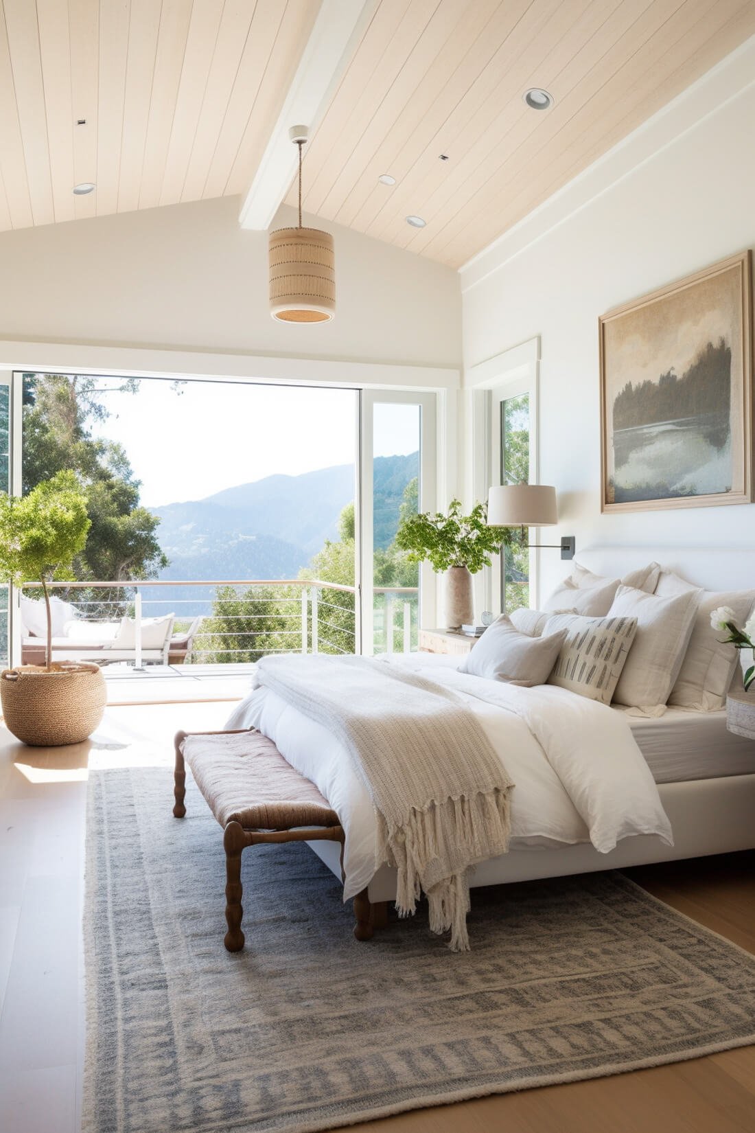 white and blue rug under king size bed in bedroom overlooking mountains, bench at end of bed with layered textiles and blankets