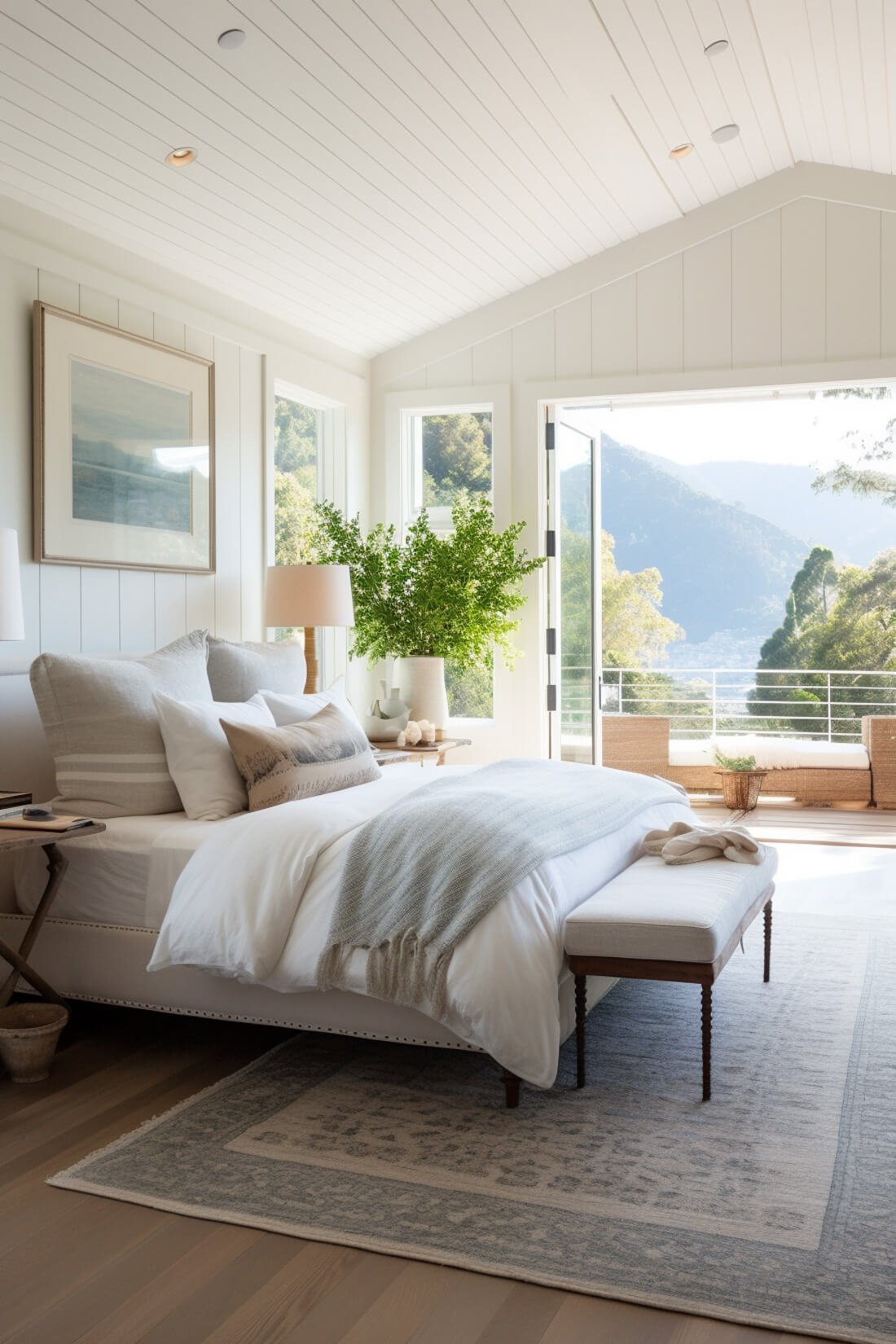 blue and white 8x10 rug in bedroom with king bed and bench at end, with view out windows