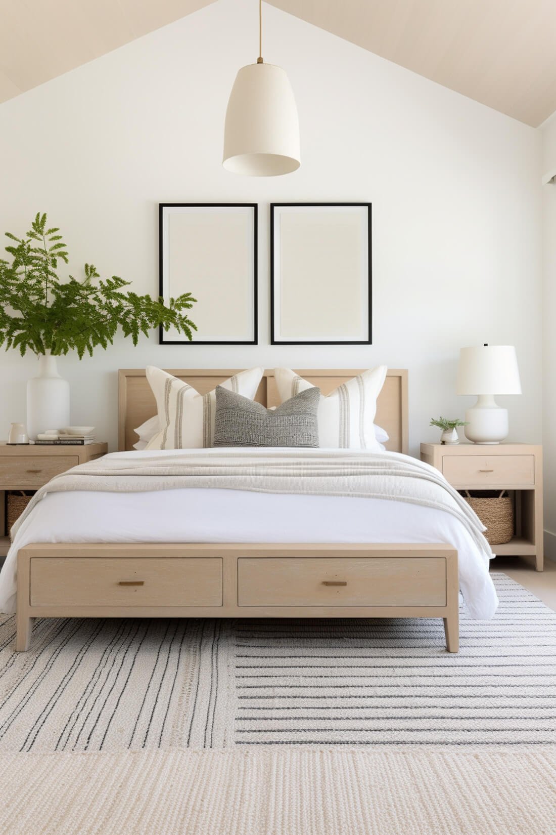 bright white bedroom with large striped area rug under king bed size, drawers in bed frame, wood nightstands