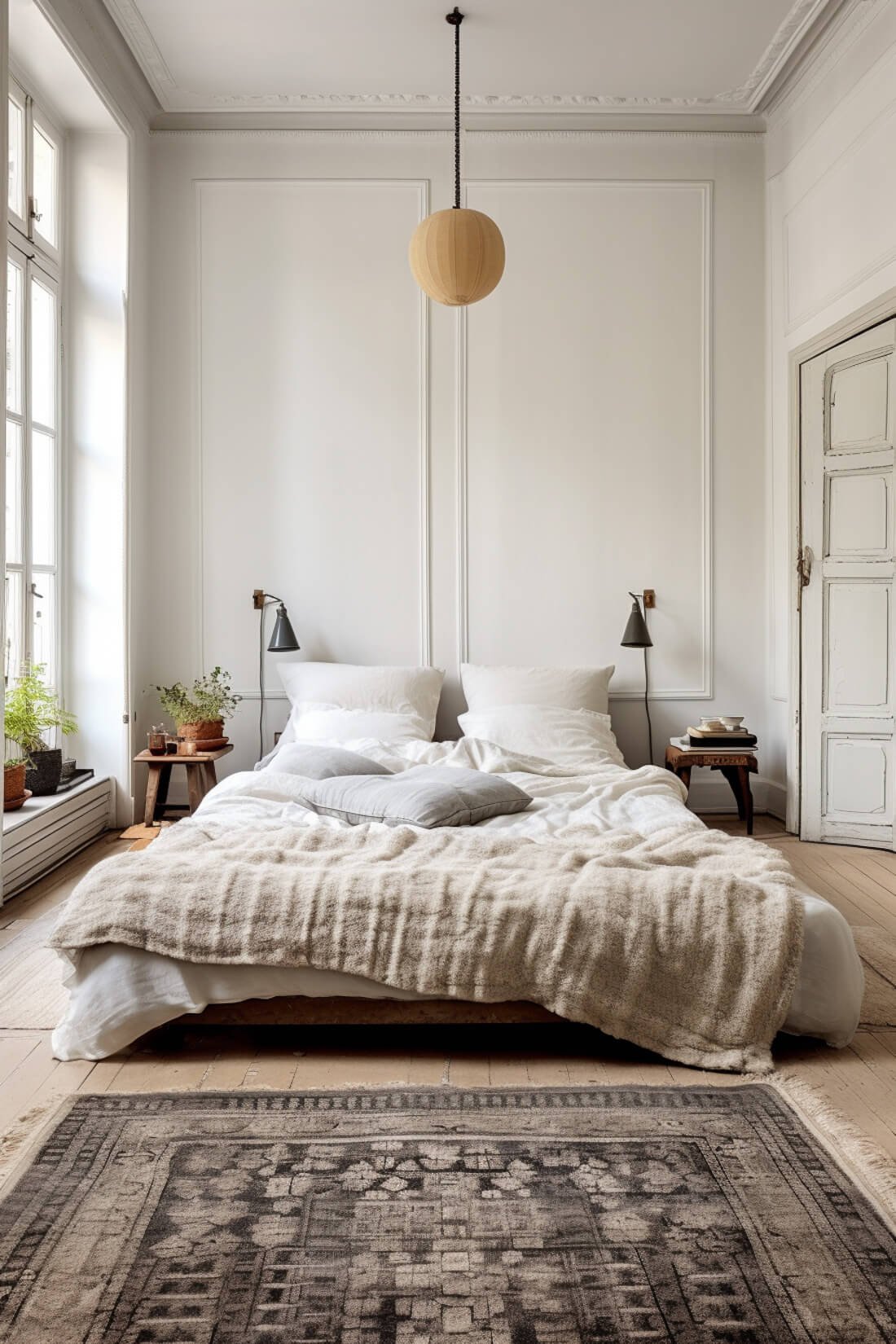 A bedroom with white malls and beautiful trim molding with a low profile wooden bedframe design with no headboard. Two wall sconces hang on the walls with a woven overhead light above. Large windows on one wall and two wooden nightstands on each side of the bed. Large rug in front of the bed.