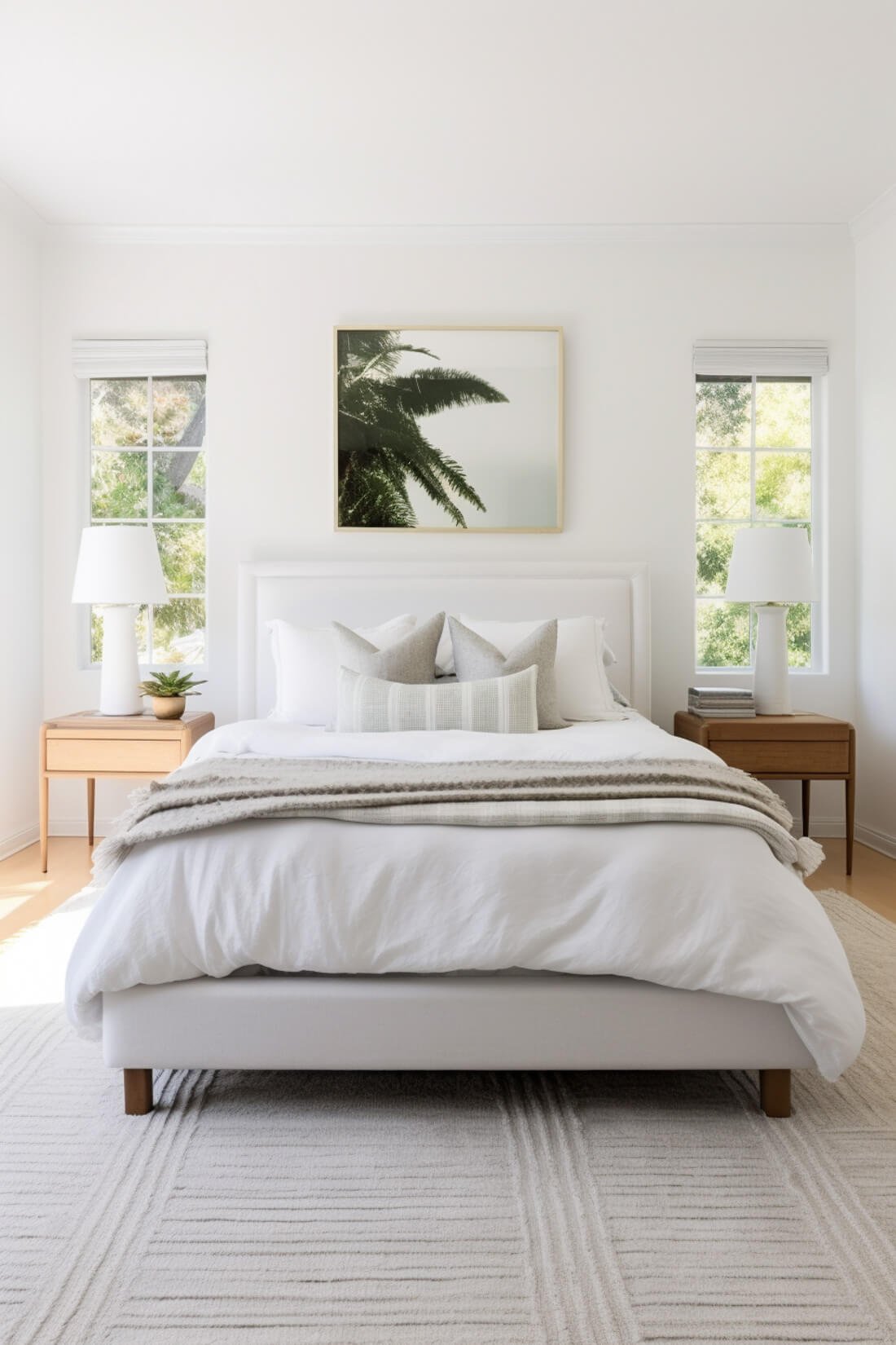 white bedroom with 8x10 rug size under king bed, with simple wood nightstands and tropical minimalist vibe