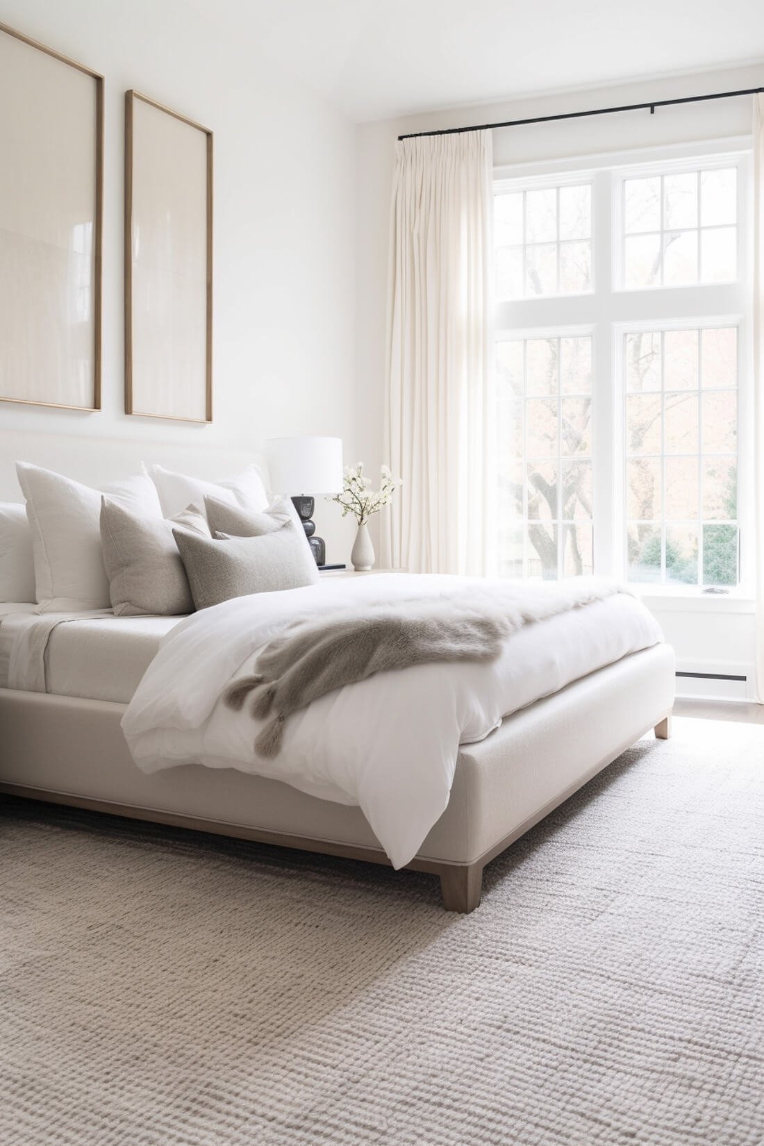 large neutral bedroom with king size bed and large neutral 9x12 rug under bed, cozy and bright, tall curtains