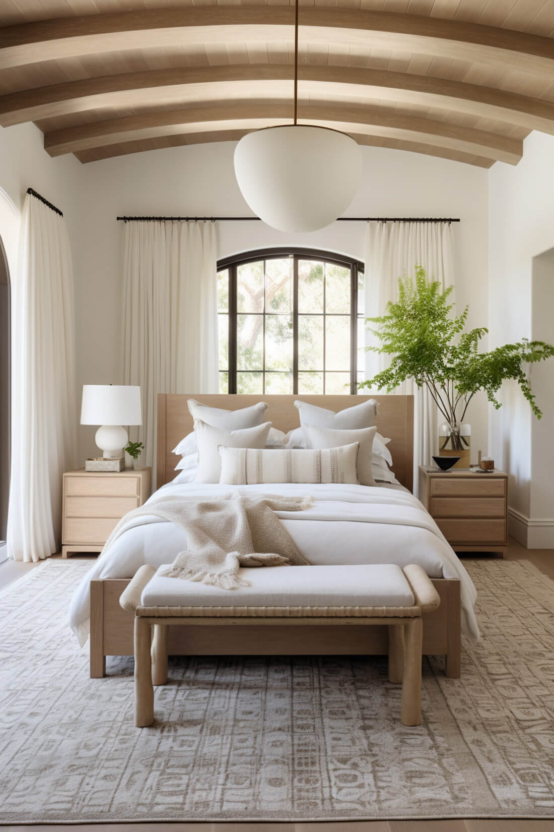bedroom with 10x13 rug size under wooden king bed, with wood nightstands and neutral colors