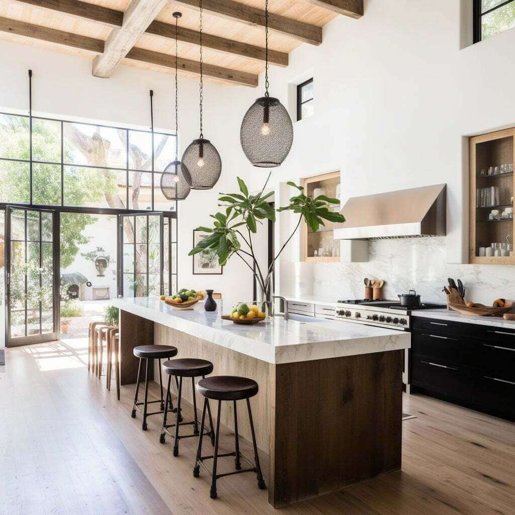 tall kitchen with large kitchen island with extra deep dimensions, soaring wood ceilings and black pendant lights, counter stools and doors opening to outside